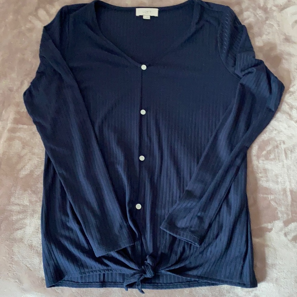 Loft ribbed knit button down sweater navy